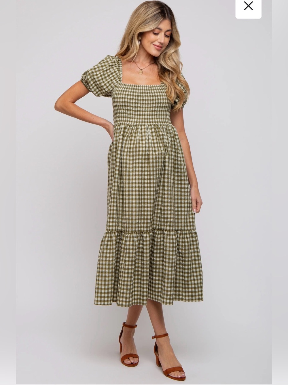 Gingham Smocked Midi Maternity Dress